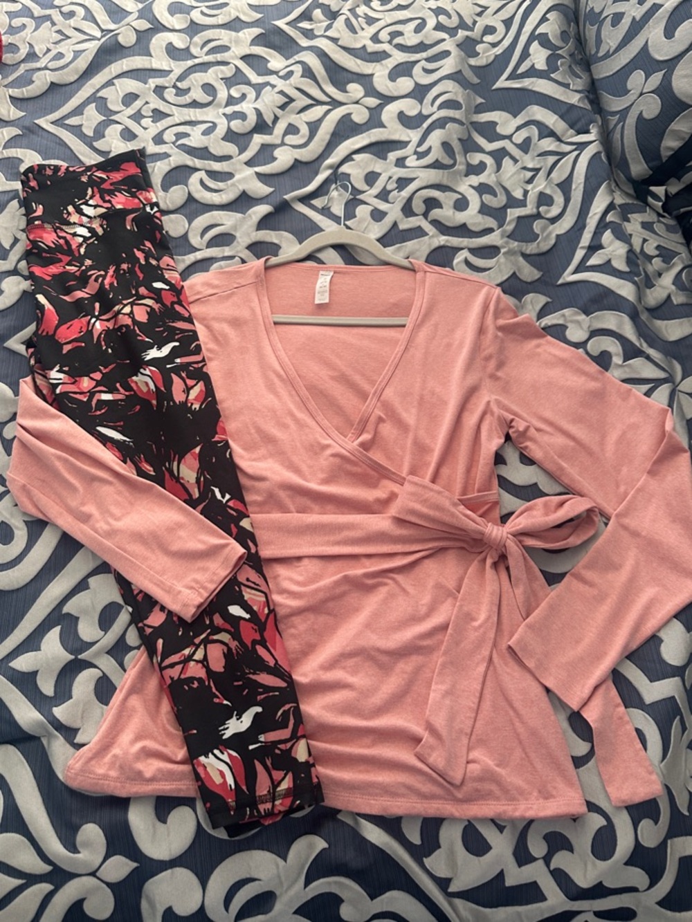 Marika Pink Wrap Top with Black & Pink Patterned Leggings M